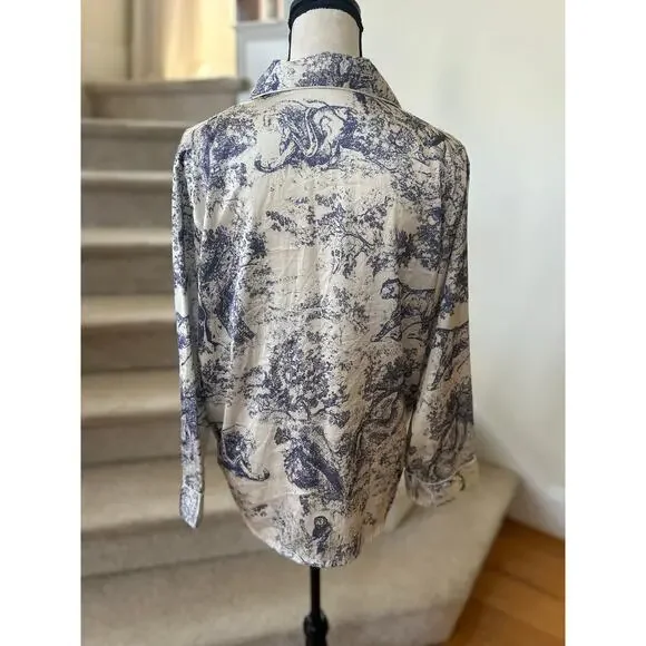White & Blue Toile Jungle Print Satin Long Sleeve Pajama Pant Set